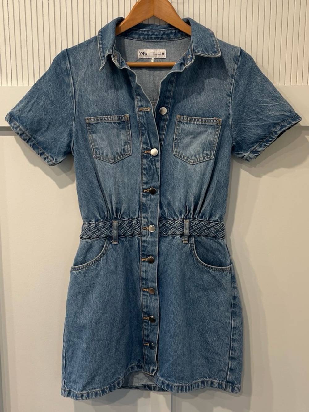 Zara Blue Denim Mini Dress with Braided Waist